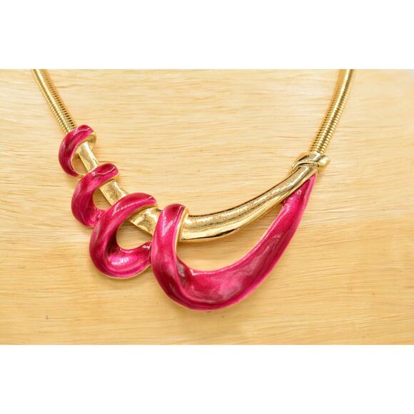 Vintage Collar Necklace Magenta Red Enamel Gold Flex Omega Chain Chunky Bin2C - Picture 8 of 12